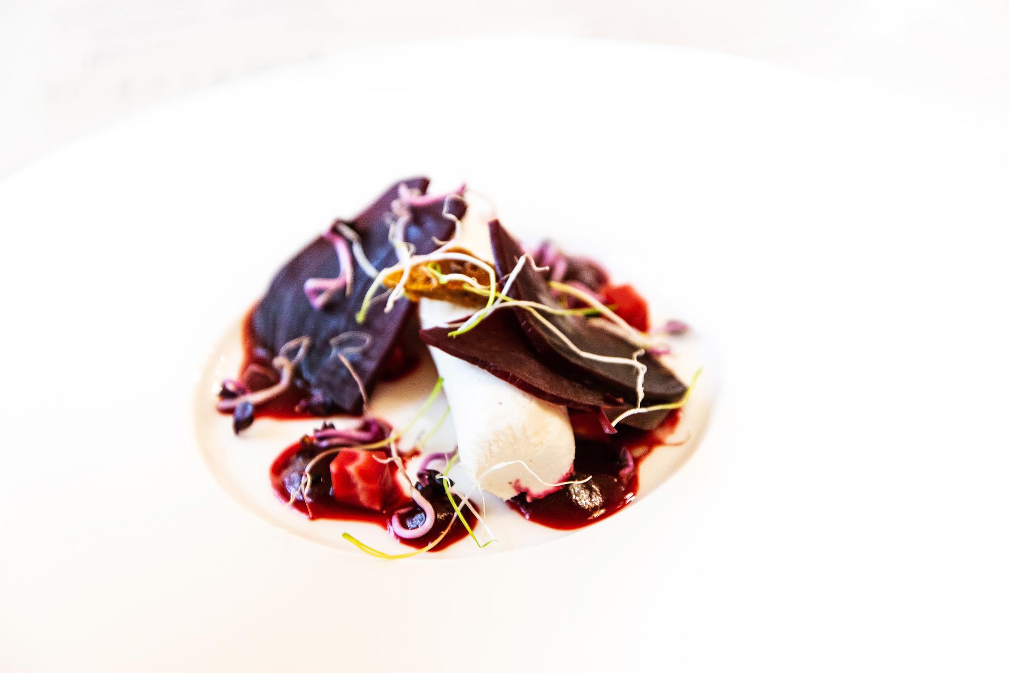 Close-up of delicate garnish and sauce detail